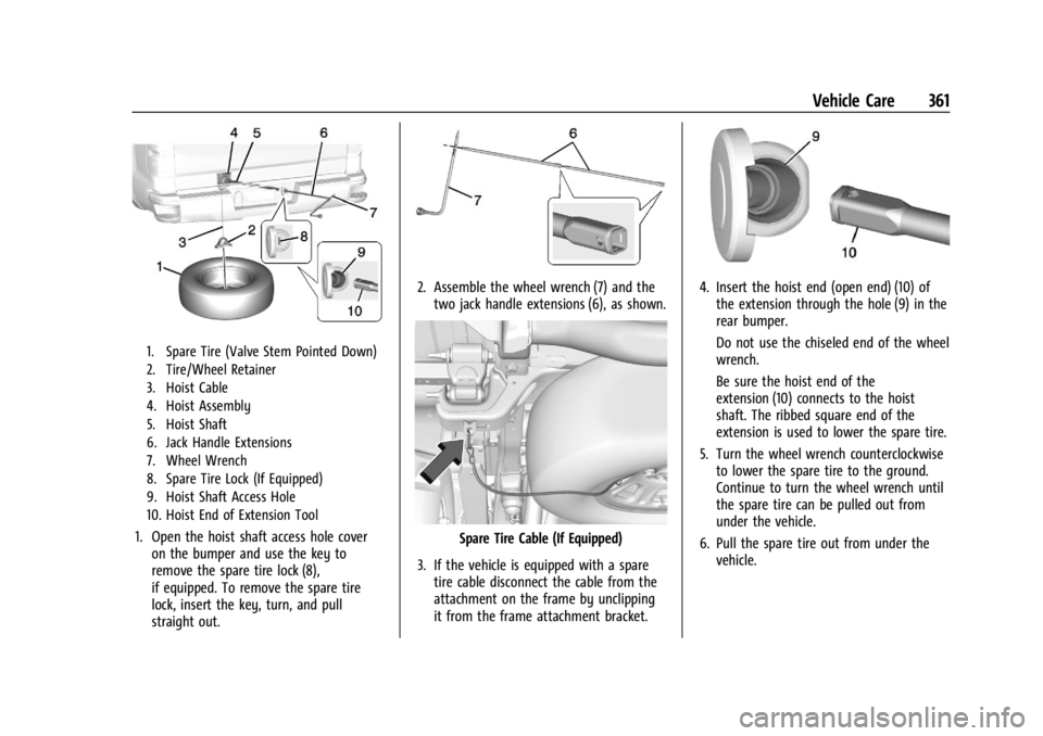 CHEVROLET SILVERADO 2024 Owners Manual Chevrolet Silverado 2500 HD/3500 HD Owner Manual (GMNA-Localizing-U.
S./Canada/Mexico-16908339) - 2024 - CRC - 12/5/22
Vehicle Care 361
1. Spare Tire (Valve Stem Pointed Down)
2. Tire/Wheel Retainer
3 CHEVROLET SILVERADO 2024 Owners Manual Chevrolet Silverado 2500 HD/3500 HD Owner Manual (GMNA-Localizing-U.
S./Canada/Mexico-16908339) - 2024 - CRC - 12/5/22
Vehicle Care 361
1. Spare Tire (Valve Stem Pointed Down)
2. Tire/Wheel Retainer
3