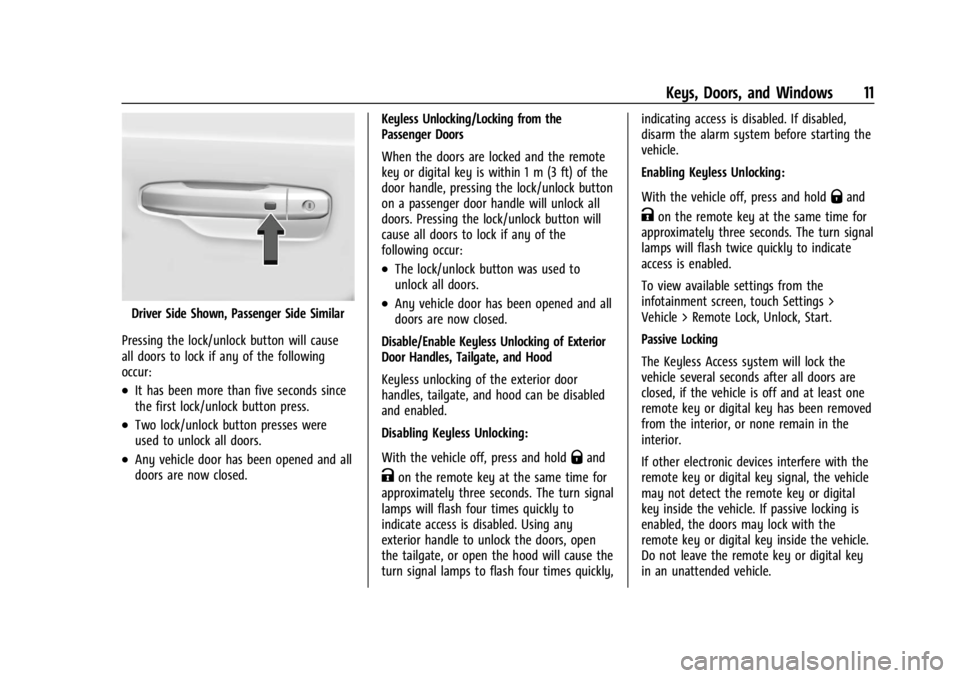 CHEVROLET SILVERADO EV 2024 Owners Manual Chevrolet Silverado EV Owner Manual (GMNA-Localizing-U.S./Canada-
16702912) - 2024 - CRC - 1/23/23
Keys, Doors, and Windows 11
Driver Side Shown, Passenger Side Similar
Pressing the lock/unlock button CHEVROLET SILVERADO EV 2024 Owners Manual Chevrolet Silverado EV Owner Manual (GMNA-Localizing-U.S./Canada-
16702912) - 2024 - CRC - 1/23/23
Keys, Doors, and Windows 11
Driver Side Shown, Passenger Side Similar
Pressing the lock/unlock button