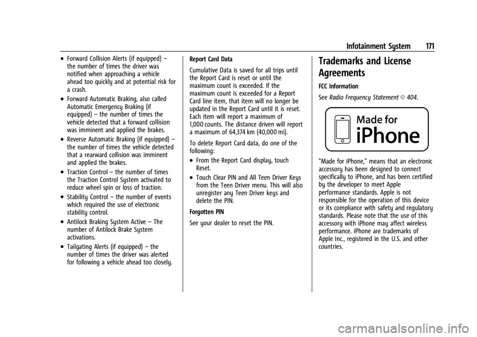 CHEVROLET SILVERADO EV 2024 Owners Manual Chevrolet Silverado EV Owner Manual (GMNA-Localizing-U.S./Canada-
16702912) - 2024 - CRC - 1/13/23
Infotainment System 171
.Forward Collision Alerts (if equipped)–
the number of times the driver was CHEVROLET SILVERADO EV 2024 Owners Manual Chevrolet Silverado EV Owner Manual (GMNA-Localizing-U.S./Canada-
16702912) - 2024 - CRC - 1/13/23
Infotainment System 171
.Forward Collision Alerts (if equipped)–
the number of times the driver was