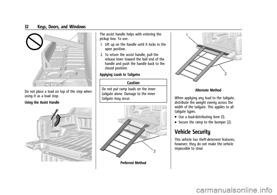 CHEVROLET SILVERADO EV 2024  Owners Manual Chevrolet Silverado EV Owner Manual (GMNA-Localizing-U.S./Canada-
16702912) - 2024 - CRC - 1/23/23
32 Keys, Doors, and Windows
Do not place a load on top of the step when
using it as a load stop.
Usin