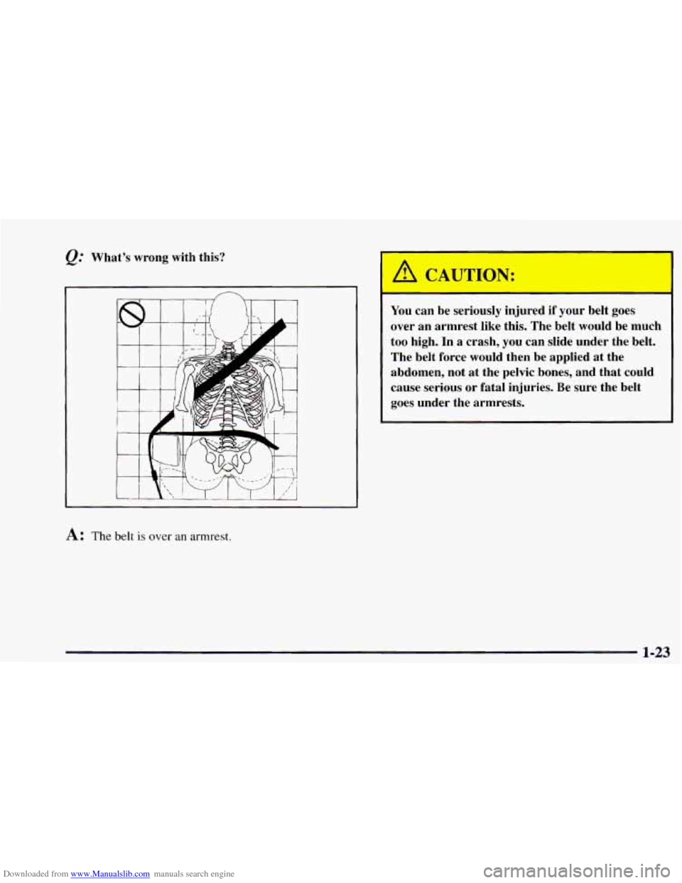 CHEVROLET ASTRO 1997 2.G Owners Manual Downloaded from www.Manualslib.com manuals search engine Whats  wrong  with  this? 
Ill l,--L-/ ! -.I I 
A: The belt is over an armrest. 
/II CAI, LION: 
- 
You can  be  seriously  injured if your  b