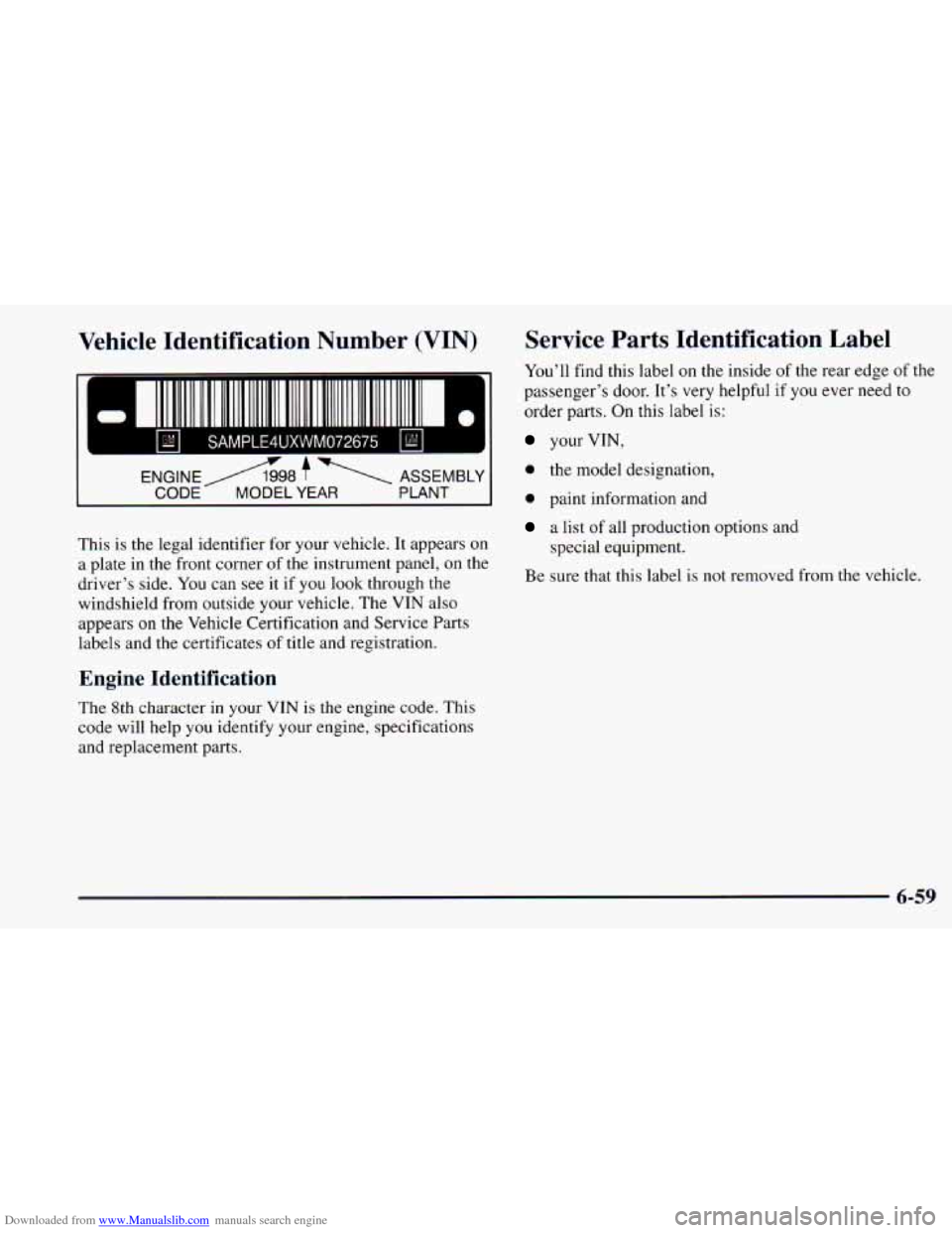 CHEVROLET ASTRO 1998 2.G Owners Manual Downloaded from www.Manualslib.com manuals search engine Vehicle Identification Number (VIN)
II
I
ENGINE/l998 7 - ASSEMBLY
CODE MODEL YEAR
PLANT I
This is the legal identifier for your v CHEVROLET ASTRO 1998 2.G Owners Manual Downloaded from www.Manualslib.com manuals search engine Vehicle Identification Number (VIN)
II
I
ENGINE/l998 7 - ASSEMBLY
CODE MODEL YEAR
PLANT I
This is the legal identifier for your v