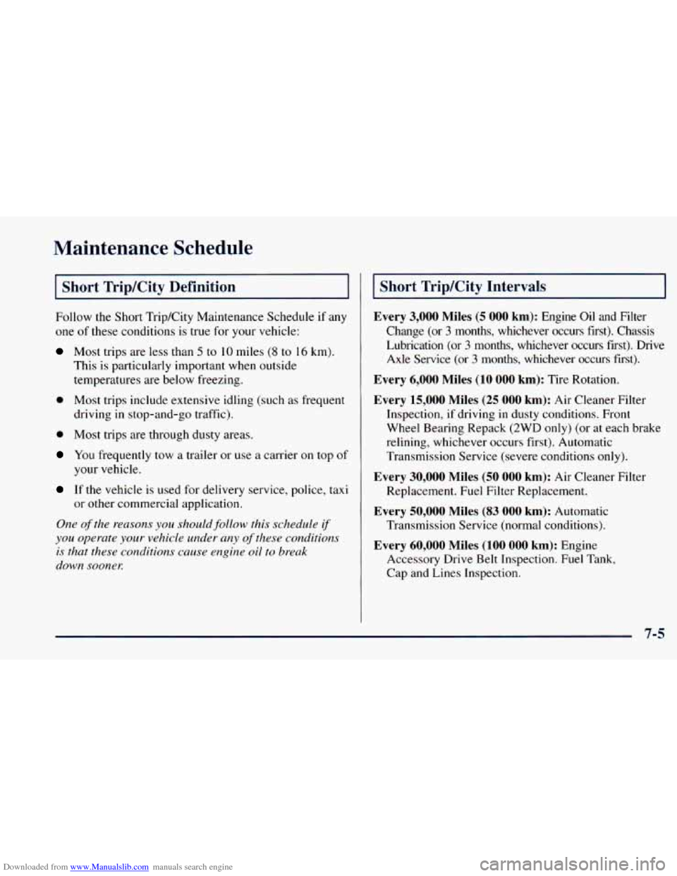 CHEVROLET ASTRO 1998 2.G Owners Manual Downloaded from www.Manualslib.com manuals search engine Maintenance Schedule
I Short Trip/City Definition
Follow the Short Trip/City Maintenance Schedule if any
one of these conditions
is CHEVROLET ASTRO 1998 2.G Owners Manual Downloaded from www.Manualslib.com manuals search engine Maintenance Schedule
I Short Trip/City Definition
Follow the Short Trip/City Maintenance Schedule if any
one of these conditions
is