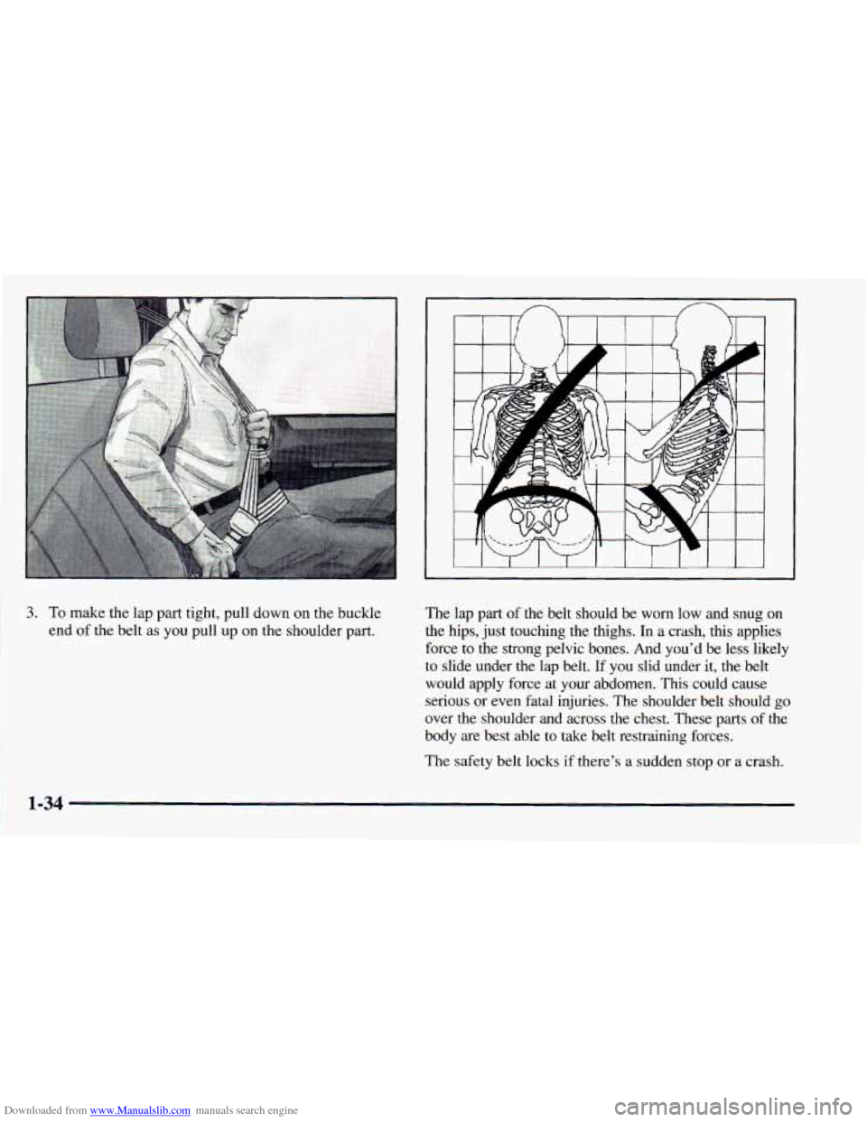 CHEVROLET ASTRO 1998 2.G Owners Manual Downloaded from www.Manualslib.com manuals search engine L 
3. To make  the lap part  tight,  pull down  on  the  buckle 
end  of  the  belt  as  you  pull up on the  shoulder  part.  The 
lap part of