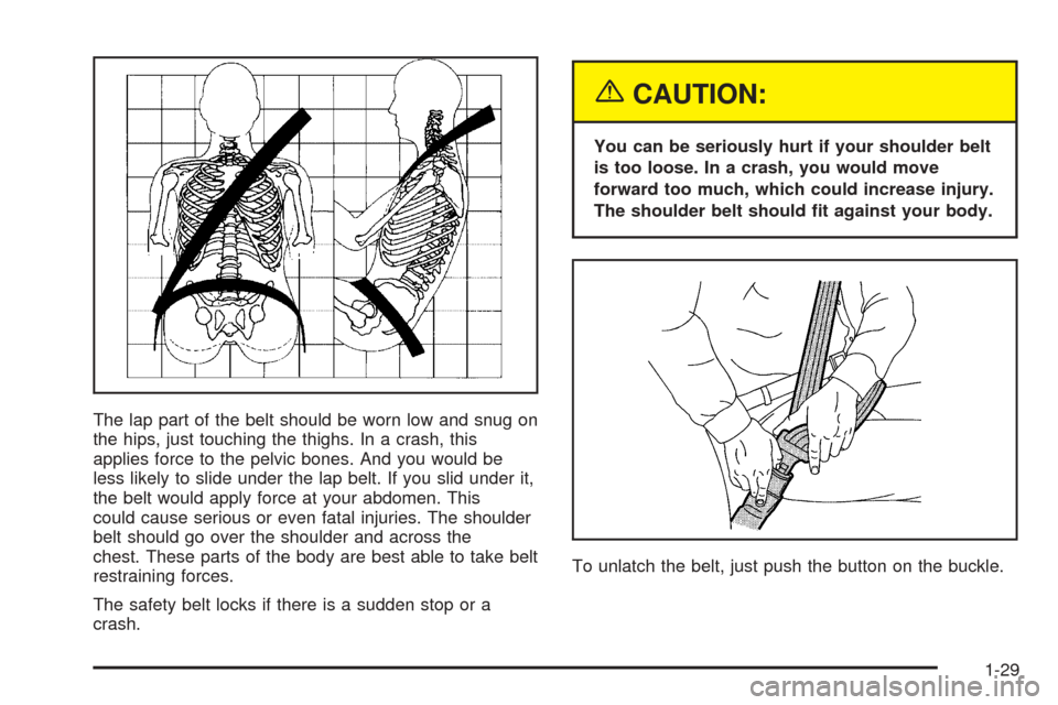 CHEVROLET ASTRO CARGO VAN 2005 2.G Owners Manual The lap part of the belt should be worn low and snug on
the hips, just touching the thighs. In a crash, this
applies force to the pelvic bones. And you would be
less likely to slide under the lap belt