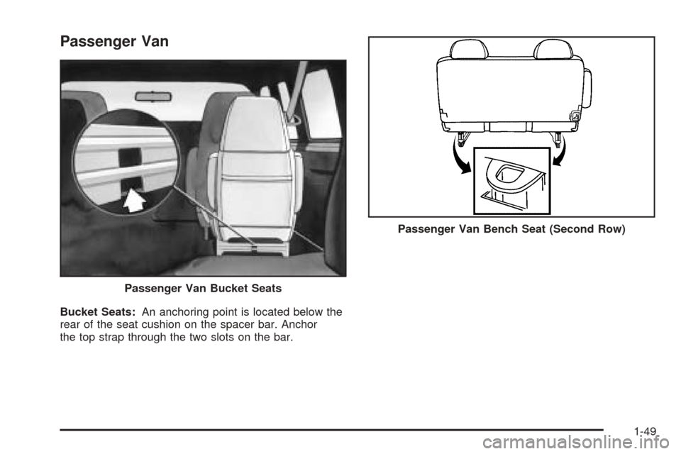CHEVROLET ASTRO CARGO VAN 2005 2.G Owners Manual Passenger Van
Bucket Seats:An anchoring point is located below the
rear of the seat cushion on the spacer bar. Anchor
the top strap through the two slots on the bar.Passenger Van Bucket Seats
Passenge