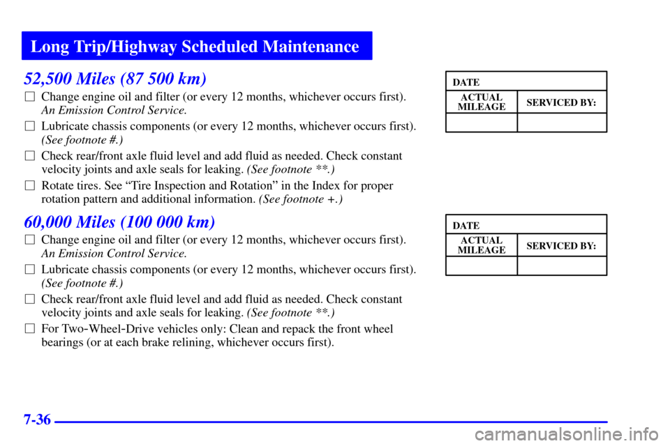 CHEVROLET ASTRO CARGO VAN 2000 2.G Owners Manual Long Trip/Highway Scheduled Maintenance
7-36
52,500 Miles (87 500 km)
Change engine oil and filter (or every 12 months, whichever occurs first).
An Emission Control Service.
Lubricate chassis comp CHEVROLET ASTRO CARGO VAN 2000 2.G Owners Manual Long Trip/Highway Scheduled Maintenance
7-36
52,500 Miles (87 500 km)
Change engine oil and filter (or every 12 months, whichever occurs first).
An Emission Control Service.
Lubricate chassis comp