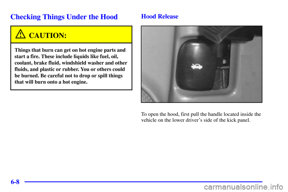 CHEVROLET ASTRO CARGO VAN 2001 2.G Owners Manual 6-8
Checking Things Under the Hood
CAUTION:
Things that burn can get on hot engine parts and
start a fire. These include liquids like fuel, oil,
coolant, brake fluid, windshield washer and other
fluid