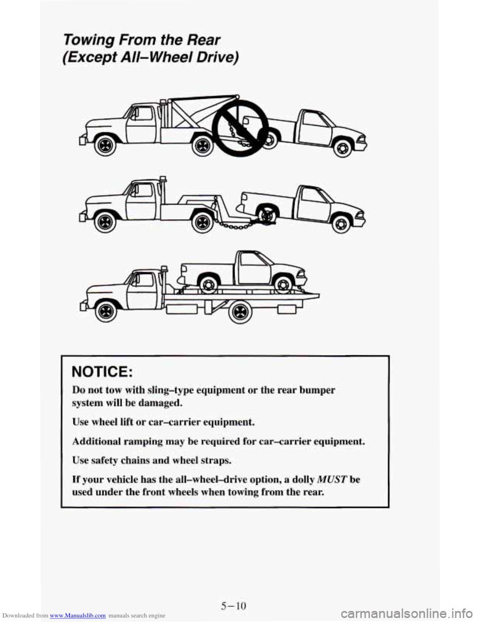 CHEVROLET ASTRO CARGO VAN 1995 2.G Owners Manual Downloaded from www.Manualslib.com manuals search engine Towing From  the  Rear 
(Except 
All- Wheel  Drive) 
NOTICE: 
Do not  tow  with  sling-type equipment  or  the  rear  bumper 
system  will be  
