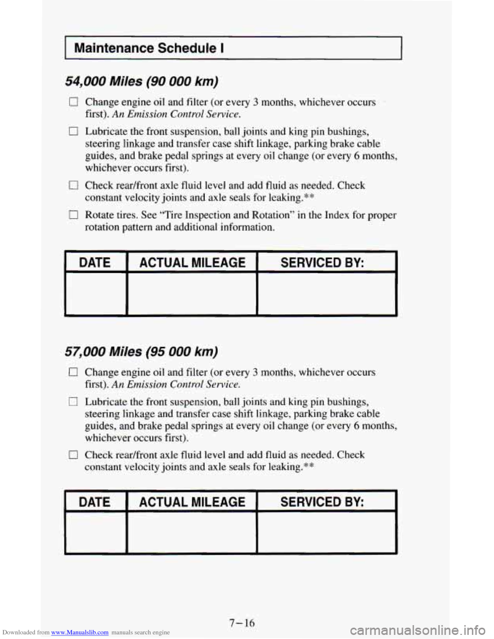 CHEVROLET ASTRO CARGO VAN 1995 2.G Owners Manual Downloaded from www.Manualslib.com manuals search engine I Maintenance  Schedule I I 
54,000 Miles (90 000 km) 
0 Change engine oil and filter  (or every 3 months, whichever  occurs 
first). 
An Emiss