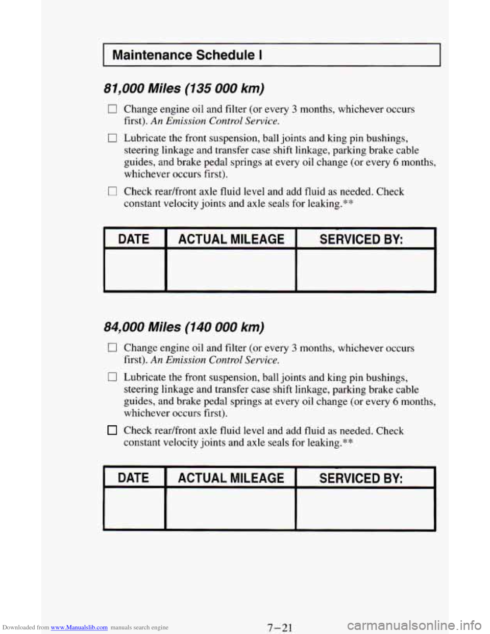 CHEVROLET ASTRO CARGO VAN 1995 2.G Owners Manual Downloaded from www.Manualslib.com manuals search engine I Maintenance  Schedule I I 
81,000  Miles (135 000 km) 
0 Chifig iifigine oil and  filter  (or  every 3 months, whichever  occurs 
0 Lubricate