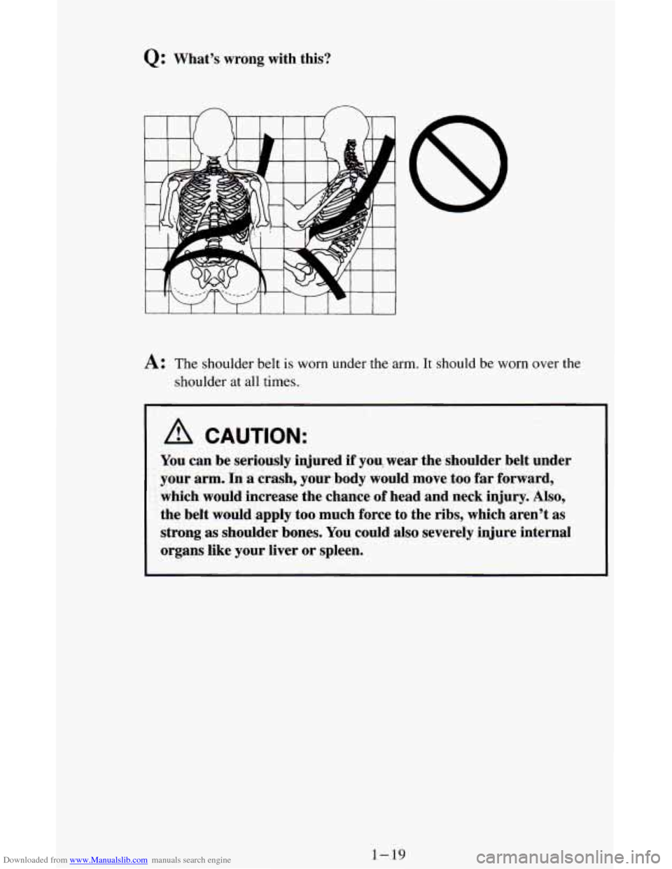 CHEVROLET ASTRO CARGO VAN 1995 2.G Owners Manual Downloaded from www.Manualslib.com manuals search engine Q: Whats wrong  with  this? 
A: The  shoulder  belt is worn under  the arm. It  should be worn  over the 
shoulder  at  all times. 
A CAUTION: