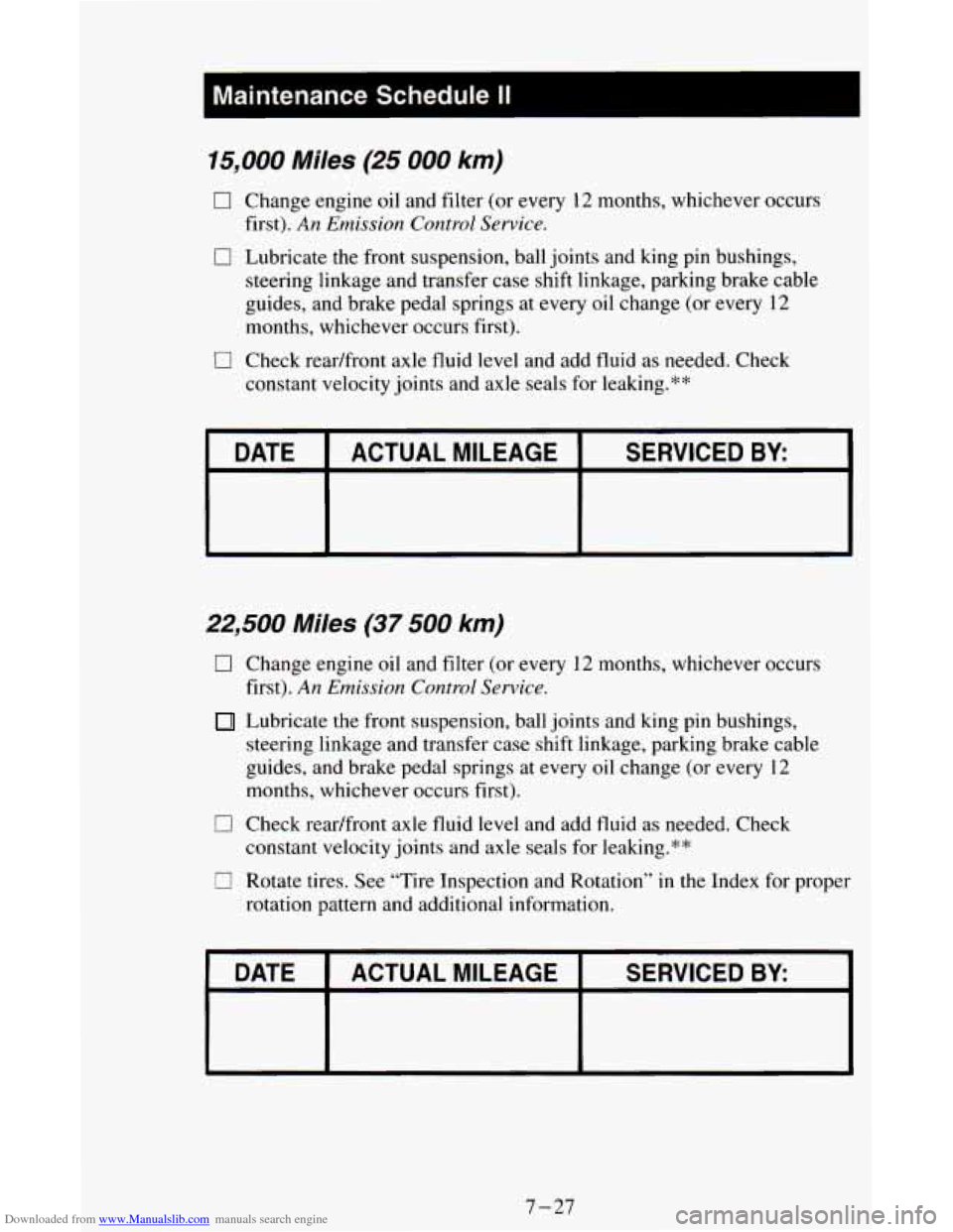 CHEVROLET ASTRO CARGO VAN 1995 2.G Owners Manual Downloaded from www.Manualslib.com manuals search engine Maintenance  Schedule II I 
15y000 Miles (25 000 km) 
0 Change  engine  oil and filter  (or  every  12  months, whichever  occurs 
0 Lubricate 