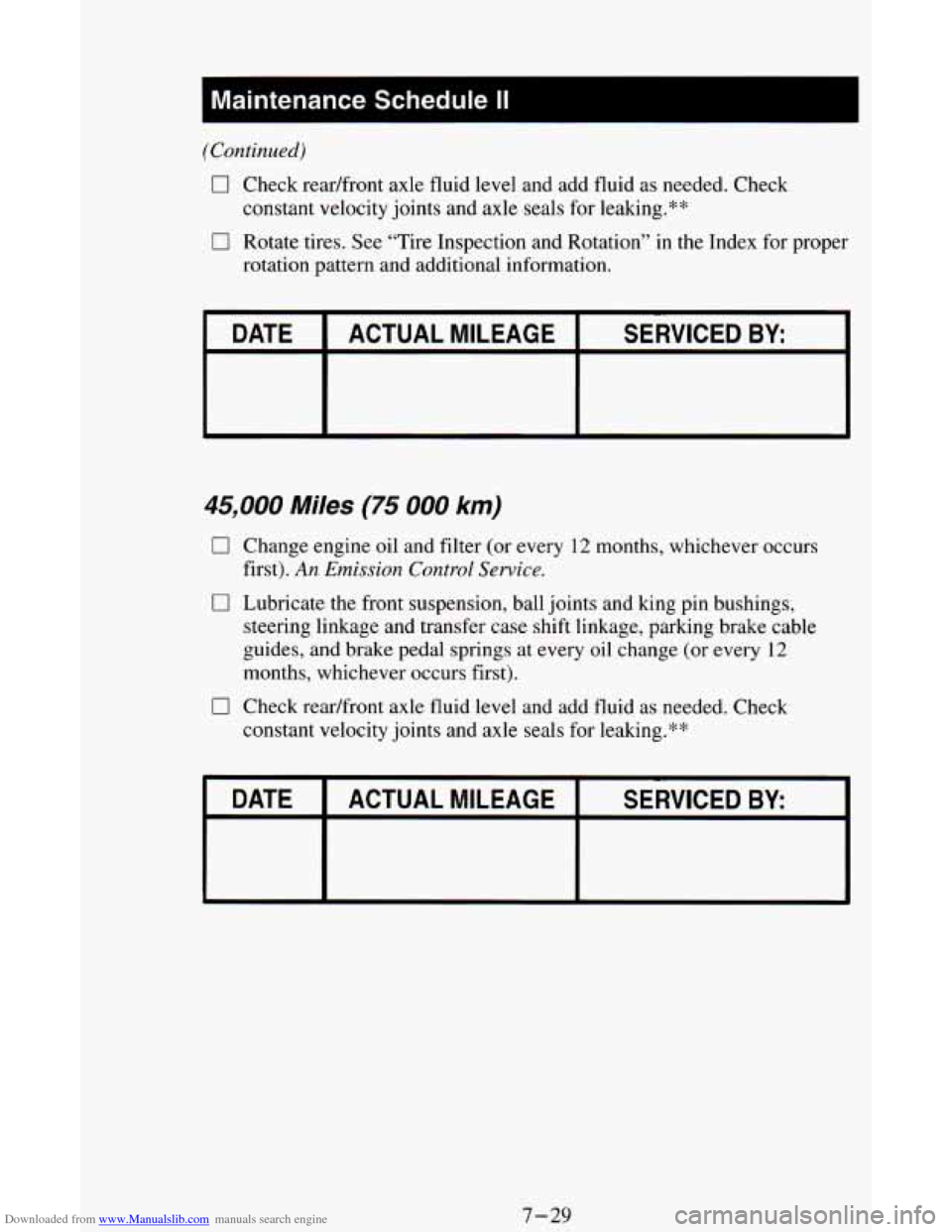 CHEVROLET ASTRO CARGO VAN 1995 2.G Owners Manual Downloaded from www.Manualslib.com manuals search engine I Maintenance  Schedule  II I 
(Continued) 
0 Check readfront  axle  fluid level and add fluid as needed. Check 
constant  velocity joints and 