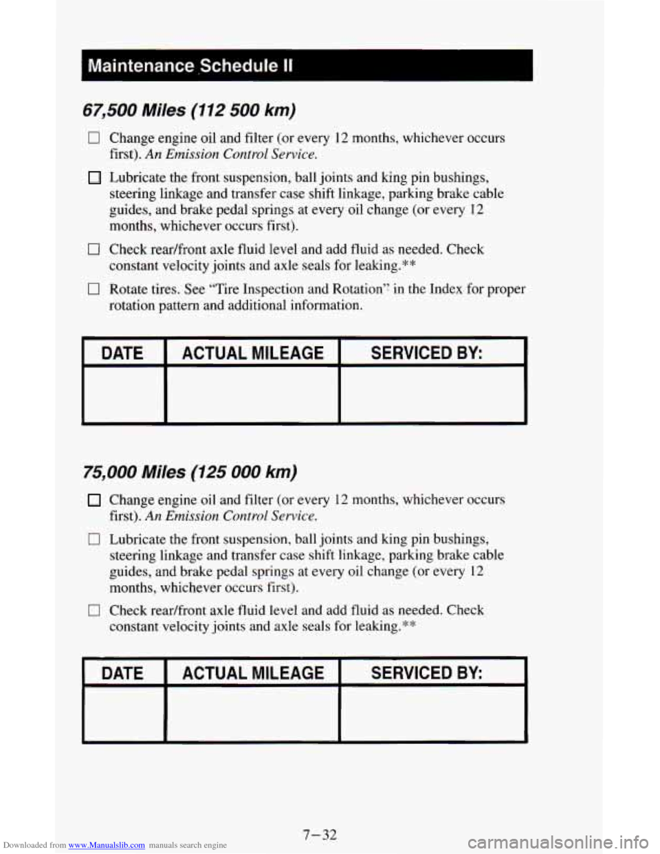 CHEVROLET ASTRO CARGO VAN 1995 2.G Owners Manual Downloaded from www.Manualslib.com manuals search engine Maintenance  nSchedule II I 
67,500 Miles (112 500 km) 
0 
0 
0 
Change  engine  oil  and filter  (or  every 12 months, whichever occurs 
first