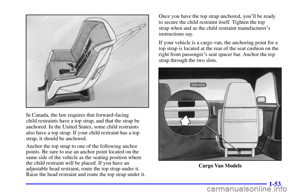 CHEVROLET ASTRO PASSENGER 2001 2.G Owners Manual 1-53
In Canada, the law requires that forward-facing 
child restraints have a top strap, and that the strap be
anchored. In the United States, some child restraints 
also have a top strap. If your chi