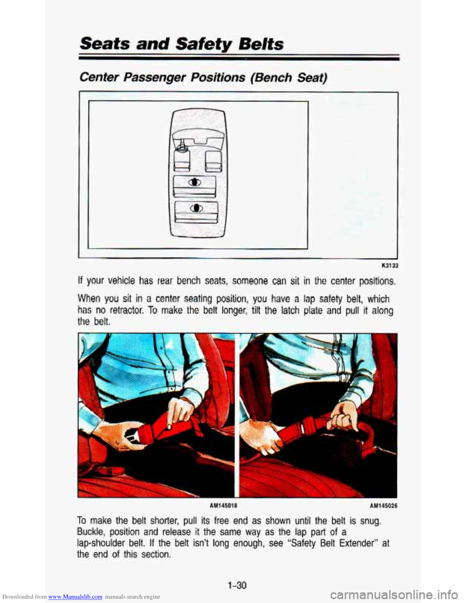 CHEVROLET ASTRO PASSENGER 1993 1.G Owners Manual Downloaded from www.Manualslib.com manuals search engine Center  Passenger  Positions  (Bench  Seat) 
If your  vehicle has rear bench  seats,  someone can sit  in  the  center  positions. 
When you si
