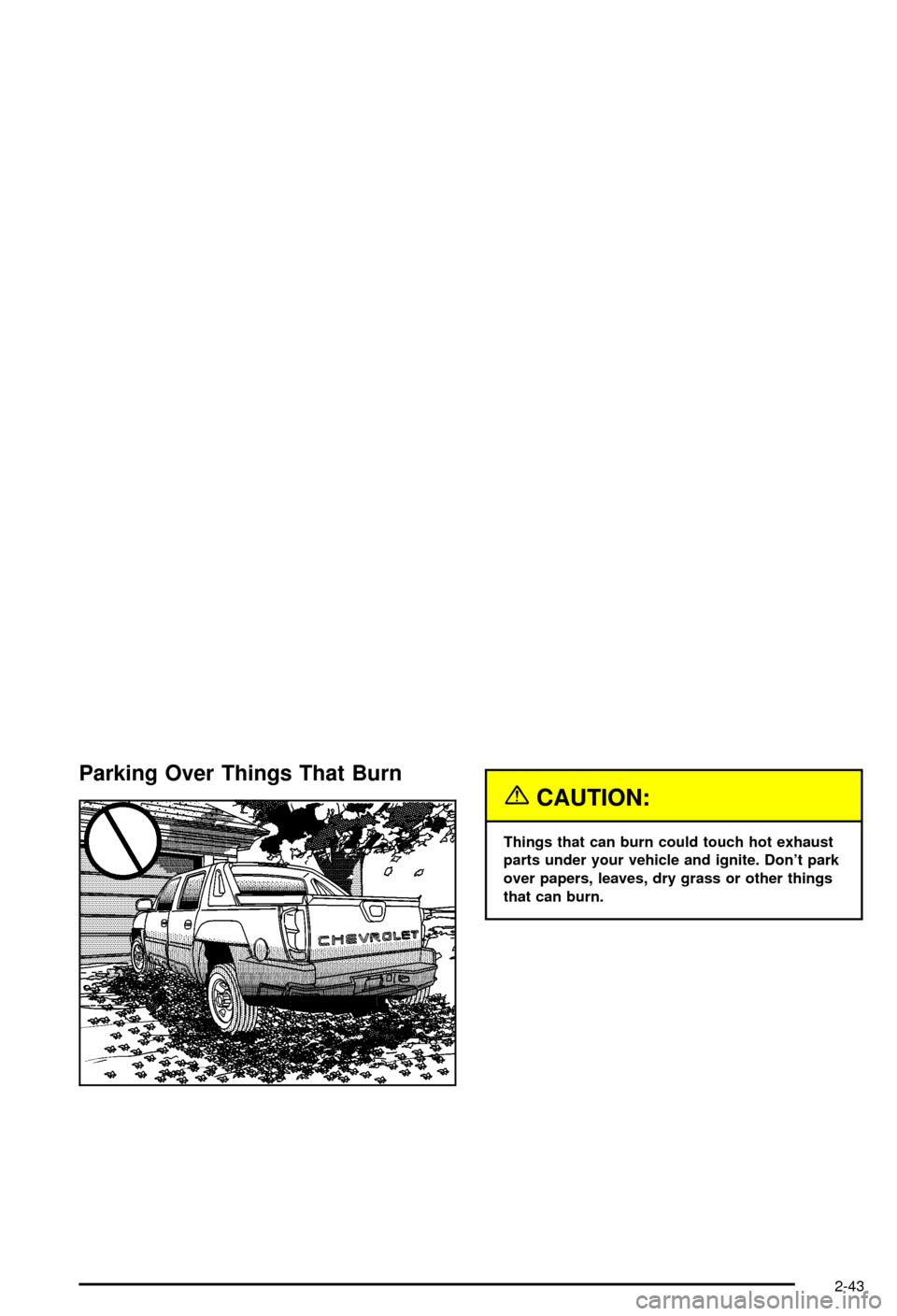 CHEVROLET AVALANCHE 2003 1.G Owners Manual Parking Over Things That Burn
{CAUTION:
Things that can burn could touch hot exhaust
parts under your vehicle and ignite. Dont park
over papers, leaves, dry grass or other things
that can burn.
2-43 