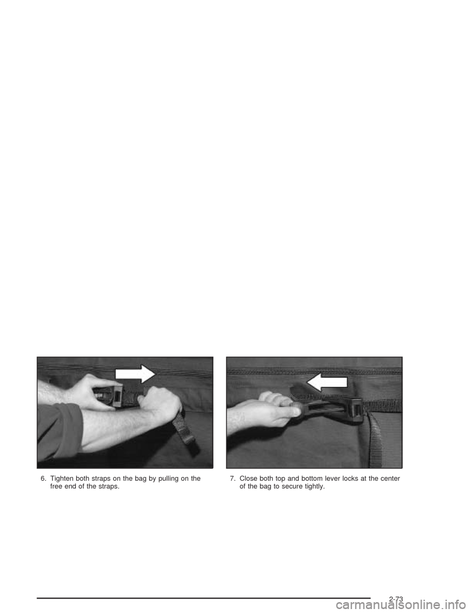 CHEVROLET AVALANCHE 2004 1.G Owners Manual 6. Tighten both straps on the bag by pulling on the
free end of the straps.7. Close both top and bottom lever locks at the center
of the bag to secure tightly.
2-73 