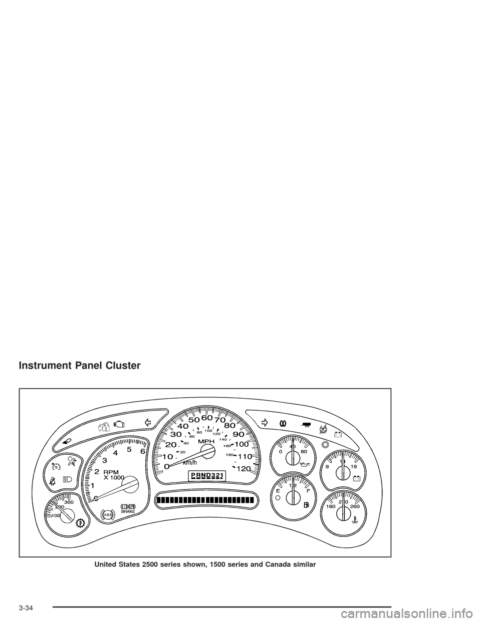 CHEVROLET AVALANCHE 2004 1.G Owners Manual Instrument Panel Cluster
United States 2500 series shown, 1500 series and Canada similar
3-34 