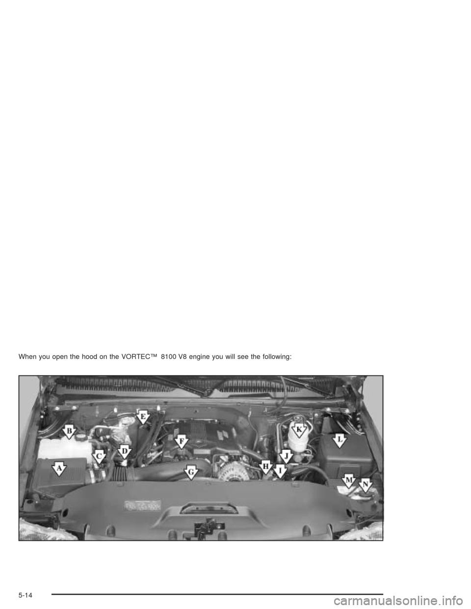 CHEVROLET AVALANCHE 2004 1.G Owners Manual When you open the hood on the VORTEC™ 8100 V8 engine you will see the following:
5-14 