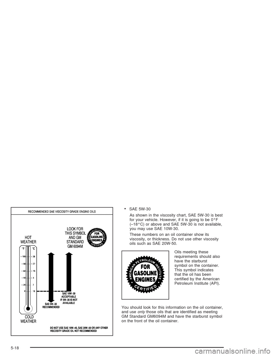 CHEVROLET AVALANCHE 2004 1.G Owners Manual SAE 5W-30
As shown in the viscosity chart, SAE 5W-30 is best
for your vehicle. However, if it is going to be 0°F
(–18°C) or above and SAE 5W-30 is not available,
you may use SAE 10W-30.
These num