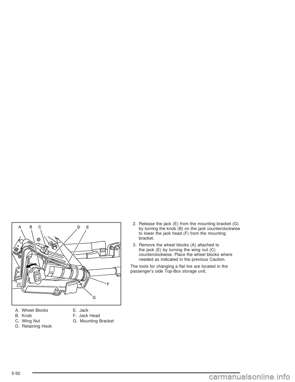 CHEVROLET AVALANCHE 2004 1.G Owners Manual A. Wheel Blocks
B. Knob
C. Wing Nut
D. Retaining HookE. Jack
F. Jack Head
G. Mounting Bracket2. Release the jack (E) from the mounting bracket (G)
by turning the knob (B) on the jack counterclockwise
