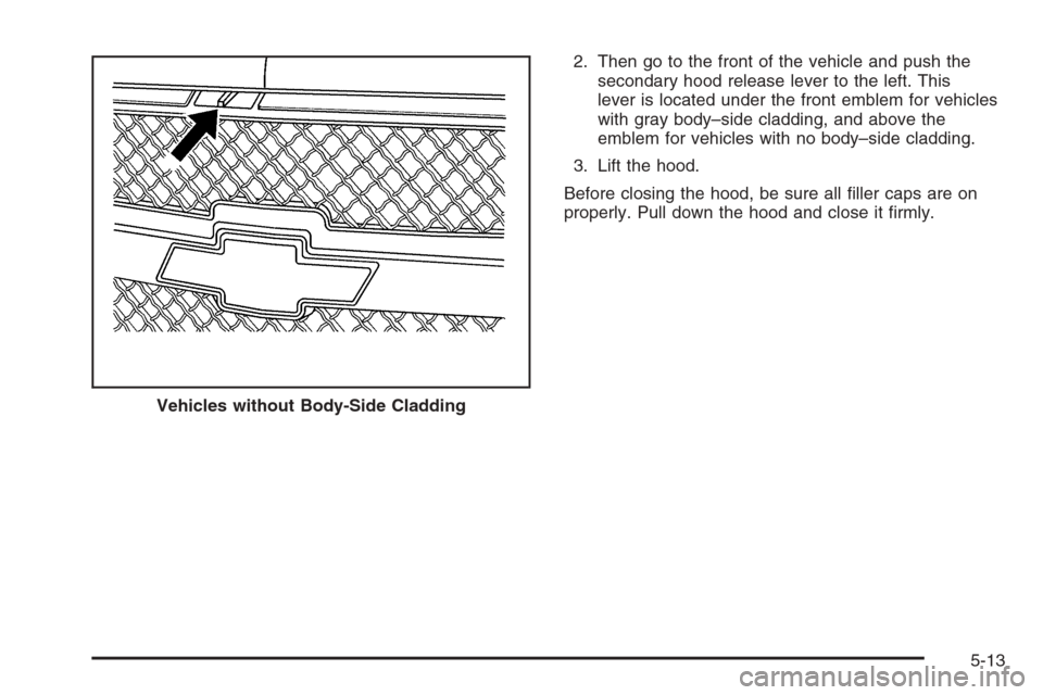 CHEVROLET AVALANCHE 2006 1.G Owners Manual 2. Then go to the front of the vehicle and push the
secondary hood release lever to the left. This
lever is located under the front emblem for vehicles
with gray body–side cladding, and above the
em