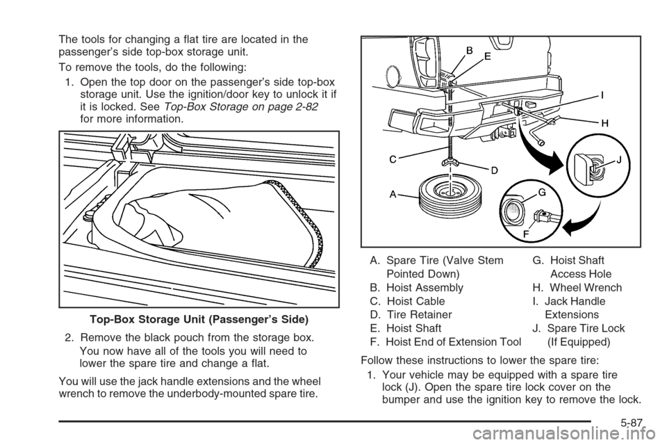 CHEVROLET AVALANCHE 2006 1.G Owners Manual The tools for changing a �at tire are located in the
passenger’s side top-box storage unit.
To remove the tools, do the following:
1. Open the top door on the passenger’s side top-box
storage unit