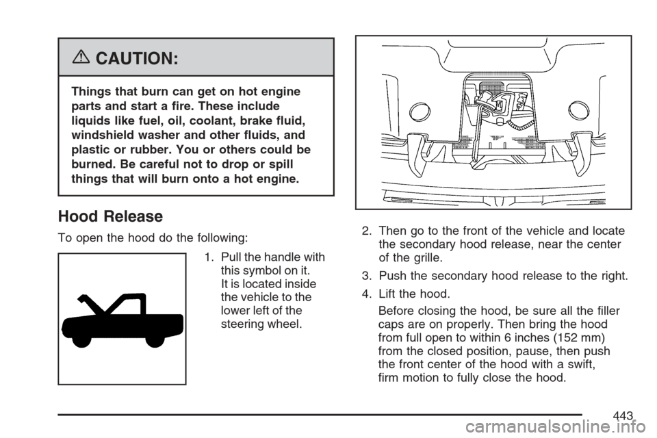 CHEVROLET AVALANCHE 2007 2.G Owners Manual {CAUTION:
Things that burn can get on hot engine
parts and start a �re. These include
liquids like fuel, oil, coolant, brake �uid,
windshield washer and other �uids, and
plastic or rubber. You or othe