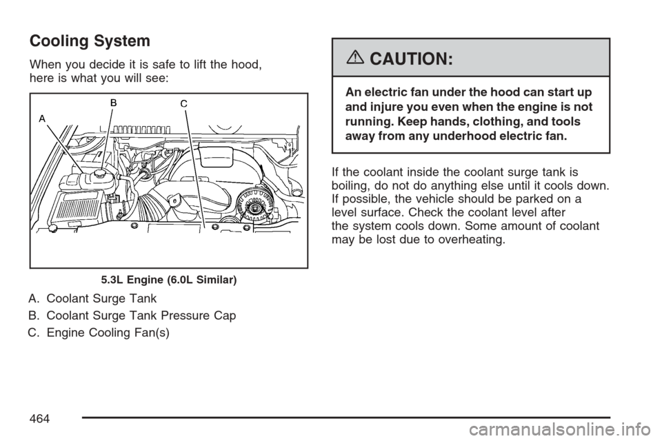 CHEVROLET AVALANCHE 2007 2.G Owners Manual Cooling System
When you decide it is safe to lift the hood,
here is what you will see:
A. Coolant Surge Tank
B. Coolant Surge Tank Pressure Cap
C. Engine Cooling Fan(s){CAUTION:
An electric fan under 
