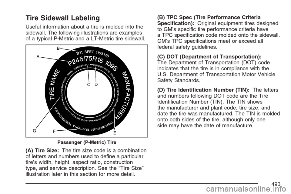 CHEVROLET AVALANCHE 2007 2.G Owners Manual Tire Sidewall Labeling
Useful information about a tire is molded into the
sidewall. The following illustrations are examples
of a typical P-Metric and a LT-Metric tire sidewall.
(A) Tire Size:The tire