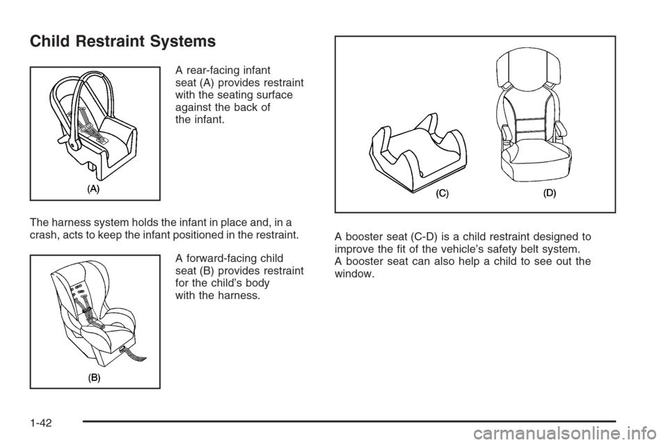 CHEVROLET AVALANCHE 2008 2.G Owners Manual Child Restraint Systems
A rear-facing infant
seat (A) provides restraint
with the seating surface
against the back of
the infant.
The harness system holds the infant in place and, in a
crash, acts to 