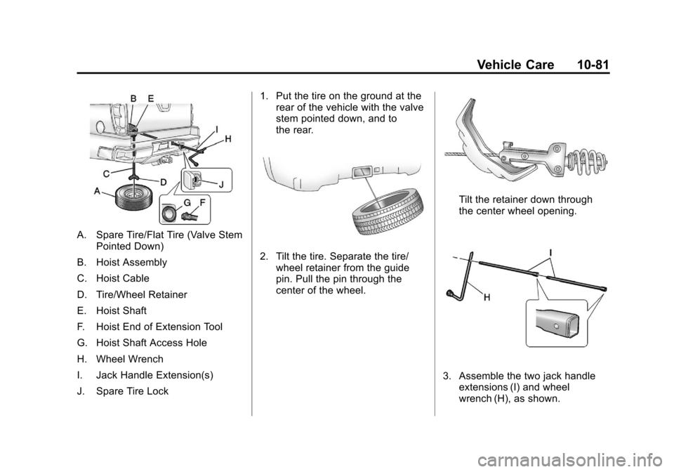 CHEVROLET AVALANCHE 2012 2.G Owners Manual Black plate (81,1)Chevrolet Avalanche Owner Manual - 2012
Vehicle Care 10-81
A. Spare Tire/Flat Tire (Valve StemPointed Down)
B. Hoist Assembly
C. Hoist Cable
D. Tire/Wheel Retainer
E. Hoist Shaft
F. 