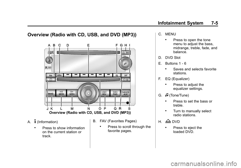 CHEVROLET AVALANCHE 2013 2.G Owners Manual Black plate (5,1)Chevrolet Avalanche Owner Manual - 2013 - CRC - 8/27/12
Infotainment System 7-5
Overview (Radio with CD, USB, and DVD (MP3))
Overview (Radio with CD, USB, and DVD (MP3))
A.
4(Informat