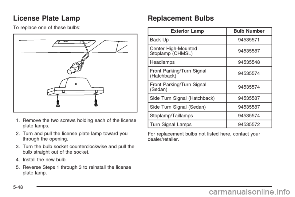 CHEVROLET AVEO 2008 1.G Owners Manual License Plate Lamp
To replace one of these bulbs:
1. Remove the two screws holding each of the license
plate lamps.
2. Turn and pull the license plate lamp toward you
through the opening.
3. Turn the 