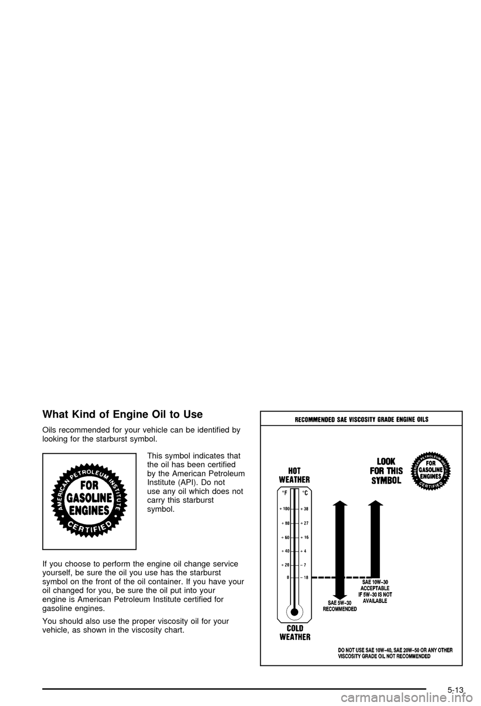 CHEVROLET BLAZER 2003 2.G Owners Manual What Kind of Engine Oil to Use
Oils recommended for your vehicle can be identi®ed by
looking for the starburst symbol.
This symbol indicates that
the oil has been certi®ed
by the American Petroleum
