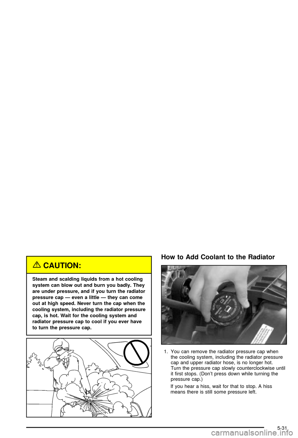 CHEVROLET BLAZER 2003 2.G Owners Manual {CAUTION:
Steam and scalding liquids from a hot cooling
system can blow out and burn you badly. They
are under pressure, and if you turn the radiator
pressure cap Ð even a little Ð they can come
out