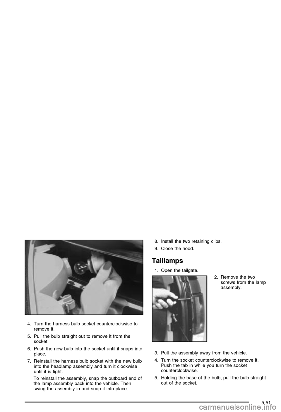 CHEVROLET BLAZER 2003 2.G Owners Manual 4. Turn the harness bulb socket counterclockwise to
remove it.
5. Pull the bulb straight out to remove it from the
socket.
6. Push the new bulb into the socket until it snaps into
place.
7. Reinstall 