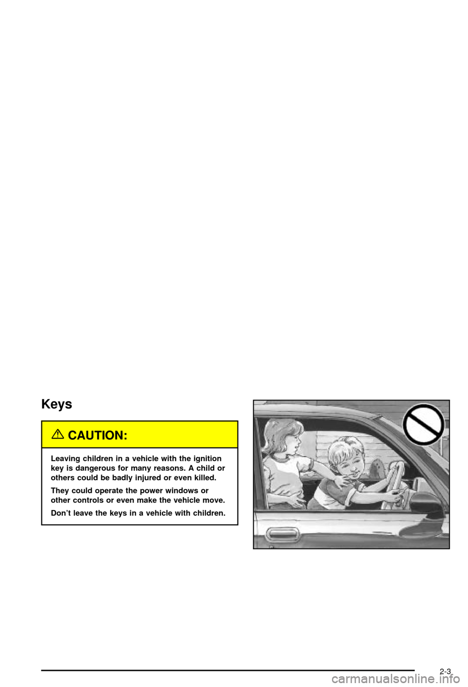 CHEVROLET BLAZER 2003 2.G Owners Manual Keys
{CAUTION:
Leaving children in a vehicle with the ignition
key is dangerous for many reasons. A child or
others could be badly injured or even killed.
They could operate the power windows or
other