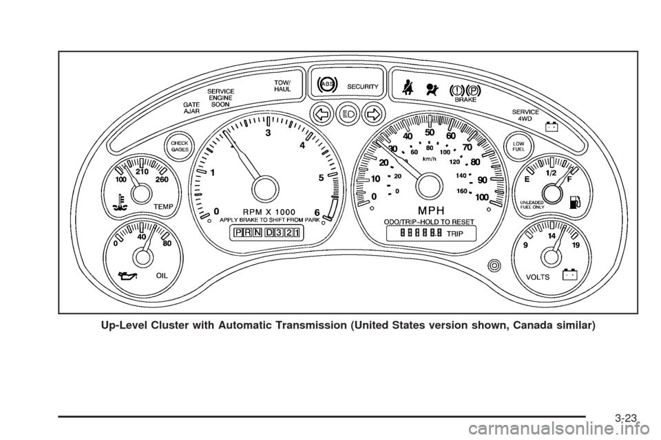 CHEVROLET BLAZER 2005 2.G Owners Manual Up-Level Cluster with Automatic Transmission (United States version shown, Canada similar)
3-23 