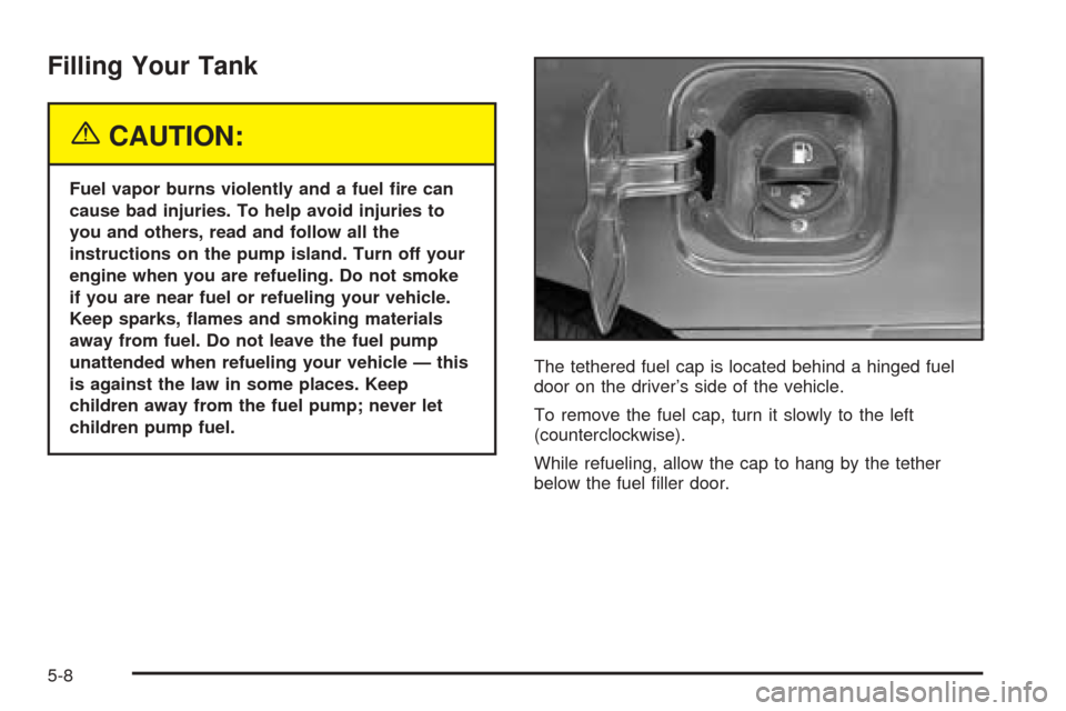 CHEVROLET BLAZER 2005 2.G Owners Manual Filling Your Tank
{CAUTION:
Fuel vapor burns violently and a fuel �re can
cause bad injuries. To help avoid injuries to
you and others, read and follow all the
instructions on the pump island. Turn of