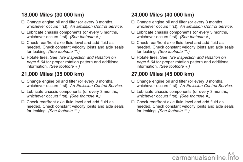 CHEVROLET BLAZER 2005 2.G Owners Manual 18,000 Miles (30 000 km)
❑Change engine oil and �lter (or every 3 months,
whichever occurs �rst).An Emission Control Service.
❑Lubricate chassis components (or every 3 months,
whichever occurs �rs