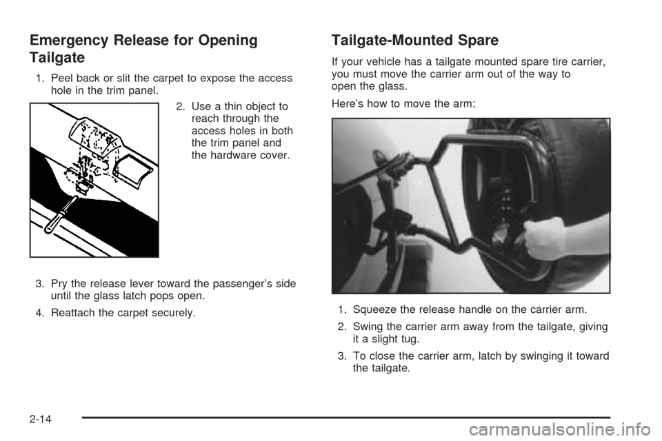 CHEVROLET BLAZER 2005 2.G Owners Manual Emergency Release for Opening
Tailgate
1. Peel back or slit the carpet to expose the access
hole in the trim panel.
2. Use a thin object to
reach through the
access holes in both
the trim panel and
th