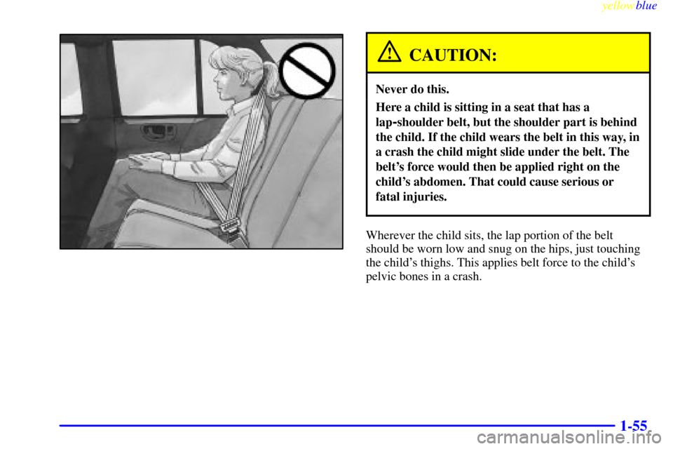 CHEVROLET BLAZER 1999 2.G Owners Manual yellowblue     
1-55
CAUTION:
Never do this.
Here a child is sitting in a seat that has a
lap
-shoulder belt, but the shoulder part is behind
the child. If the child wears the belt in this way, in
a c