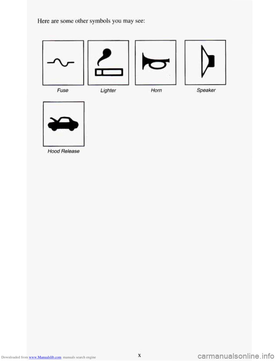 CHEVROLET BLAZER 1994 2.G Owners Manual Downloaded from www.Manualslib.com manuals search engine Here are some other symbols you may see: 
t 
-1 
Fuse  Lighter 
i 
Horn Speaker 
Hood Release 
X   