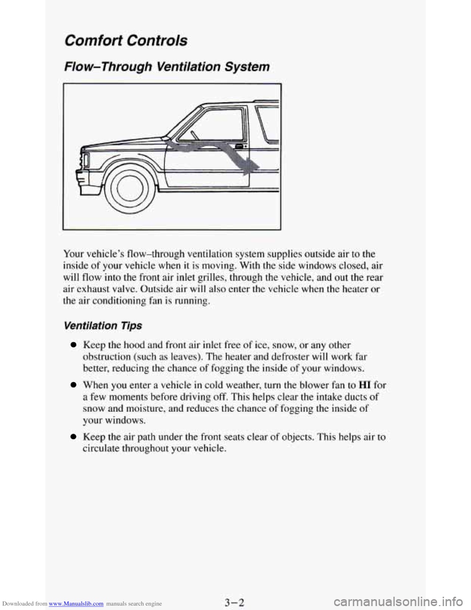 CHEVROLET BLAZER 1994 2.G Owners Manual Downloaded from www.Manualslib.com manuals search engine Comfort Controls 
Flow-Through  Ventilation System 
Your vehicle’s  flow-through  ventilation  system  supplies outside air to the 
inside of