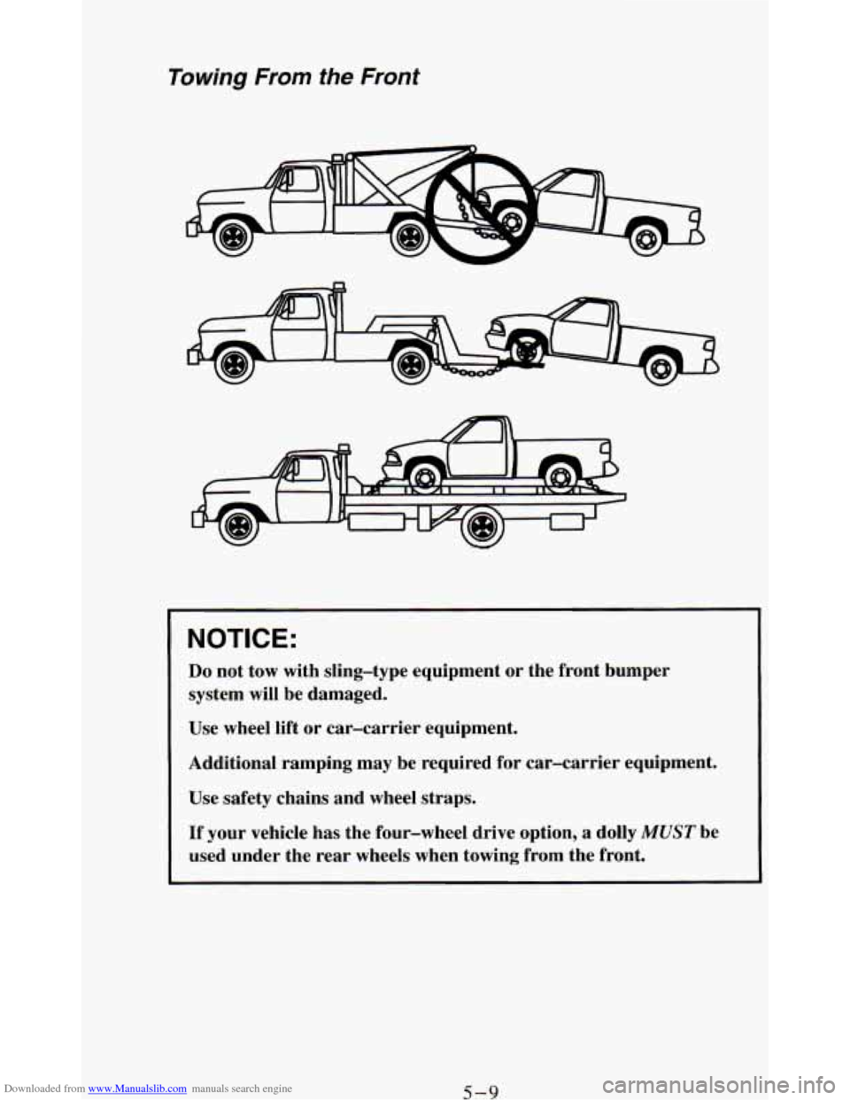 CHEVROLET BLAZER 1994 2.G Owners Manual Downloaded from www.Manualslib.com manuals search engine Towing  From the Front 
NOTICE: 
Do not tow  with  sling-type  equipment or the  front  bumper 
system  will  be damaged. 
Use  wheel 
lift or 