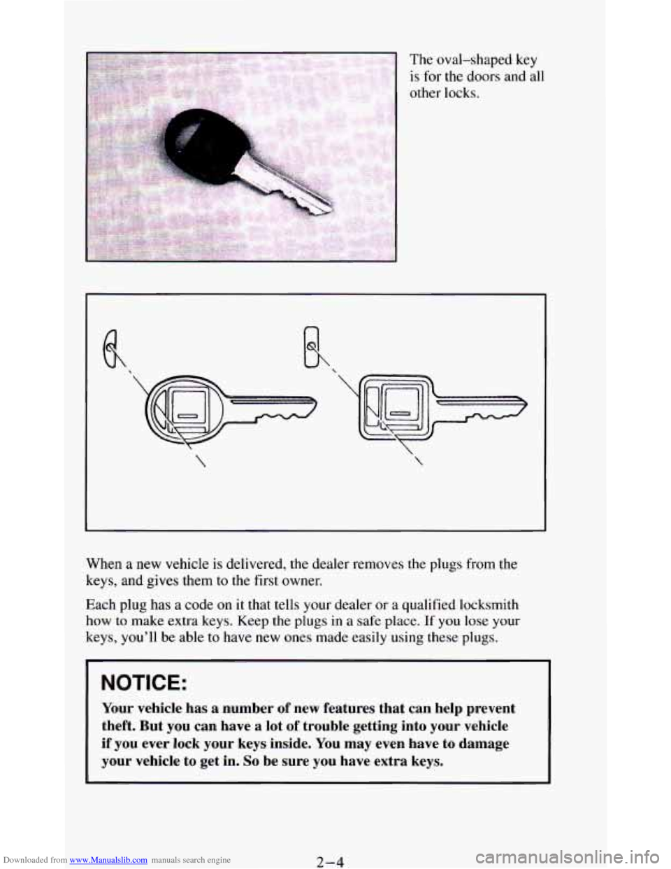 CHEVROLET BLAZER 1994 2.G Owners Manual Downloaded from www.Manualslib.com manuals search engine The oval-shaped key 
is for  the  doors and  all 
other  locks. 
When 
a new vehicle  is delivered,  the dealer  removes  the  plugs  from the 