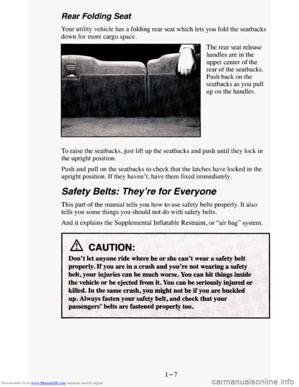 CHEVROLET BLAZER 1995 2.G Owners Manual Downloaded from www.Manualslib.com manuals search engine Rear Folding Seat 
Your utility  vehicle  has  a  folding  rear  seat  which  lets  you  fold  t\
he  seatbacks 
down 
for more  cargo  space. 